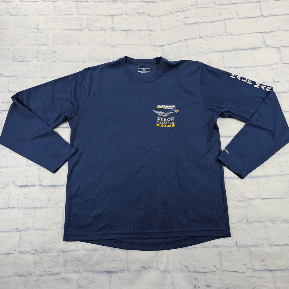 Brooks Akron Marathon 2008 Shirt Mens Large Navy Blue Road Runner Long Sleeve